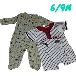 Sports Infant 6/9 Lot Of 2 Bodysuits Pajamas Baseball Football Game Day Boy